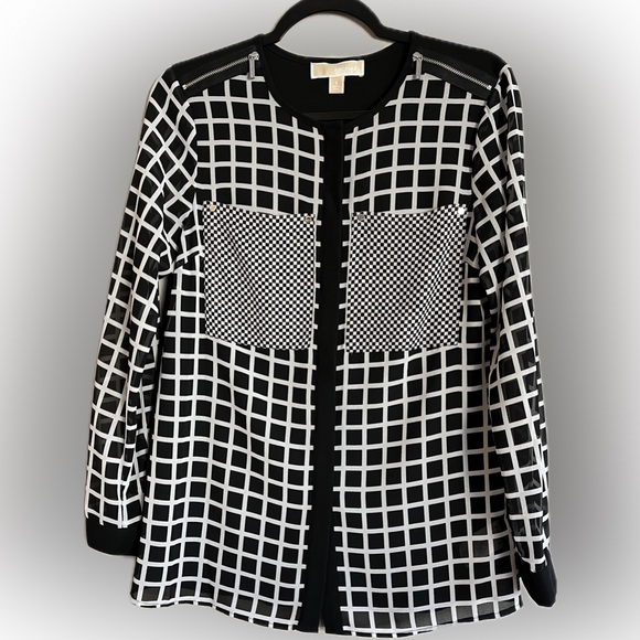 Michael Michael Kors Black and White Sheer Window Pane Button Down LS Top Size S - Picture 3 of 13